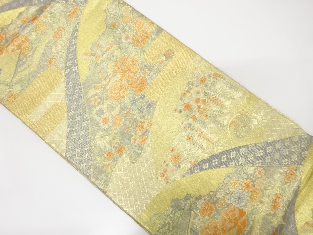 佐賀錦　山並に花鳥・屋敷風景模様織り出し袋帯